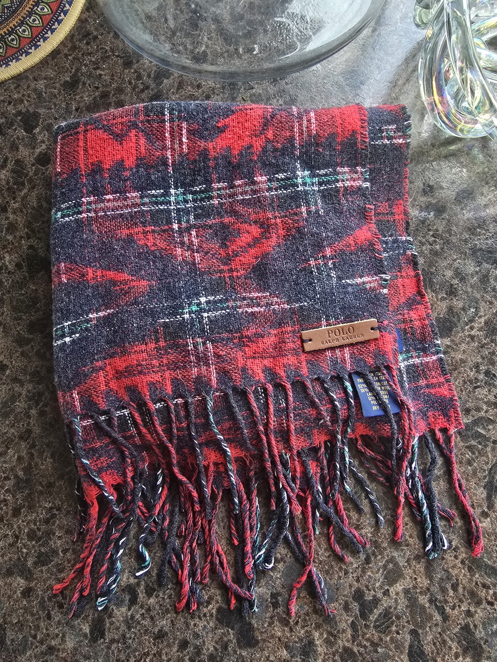 Ralph Lauren Red, Navy & Green Plaid Wool Scarf with Leather Polo Patch